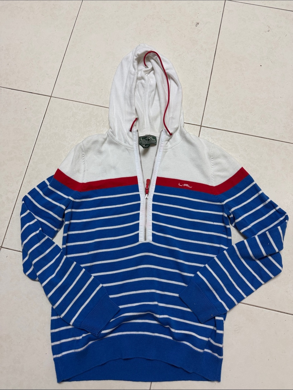 Men's Blue & White Striped Zip-Up Hoodie Sweater with Red Accent